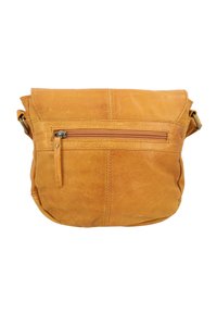 Leather crossbody bag in tan, featuring a fold-over flap, a zippered front pocket, and a smooth texture with visible seam details.