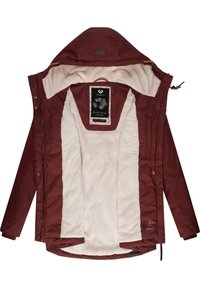 Maroon jacket with a fleece interior, featuring a hood, front zipper, and snap buttons. Inside label includes decorative floral patterns.