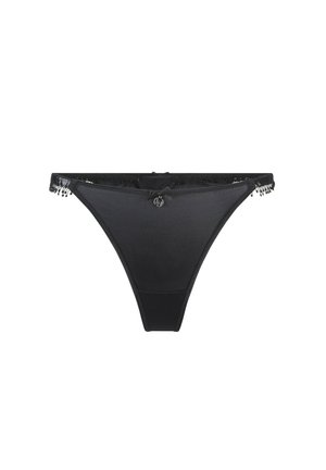 Tanga negra de tejido suave, con borde de encaje y pequeñas cuentas a lo largo de la cinturilla, y un charm decorativo en el centro.