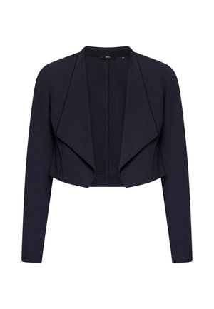 Blazer court bleu marine foncé avec manches longues et large col ouvert devant, taille 36.
