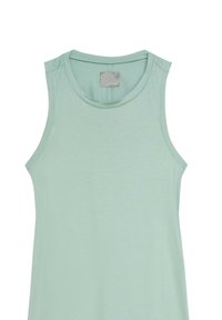 Jasnozielony bezrękawnik z miękkiego materiału, z zaokrąglonym dekoltem i czystym wykończeniem, z małą metką na plecach w okolicy szyi.