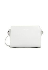 Borsa a tracolla in pelle bianca con una forma rettangolare elegante, caratterizzata da un logo impresso sottile e una lunga tracolla regolabile.