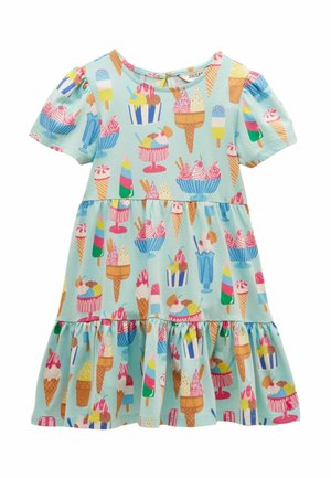 Hellblaues Kinderkleid mit kurzen Puffärmeln, mit buntem Muster aus Eistüten, Sahneeis und Eis am Stiel.