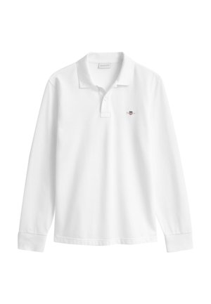Long-sleeve white polo shirt made of cotton, featuring a folded collar, buttoned placket, and a small embroidered logo on the chest.