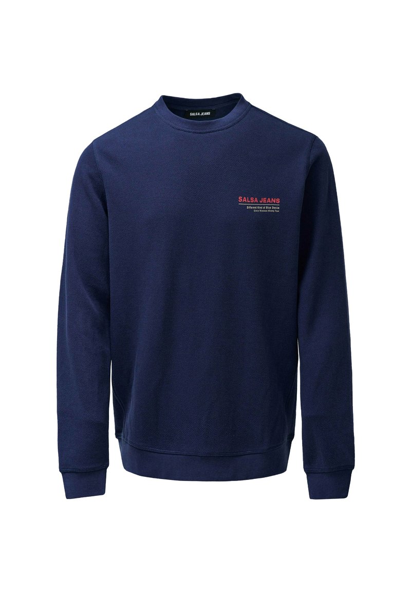 Sudadera de color marino con mangas largas, puños y dobladillo acanalados, tejido texturizado y un pequeño logo rojo "Salsa Jeans" en el pecho.