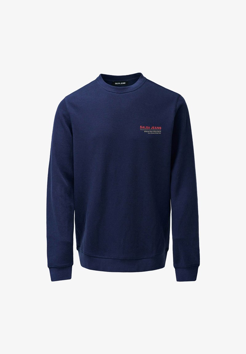 Sudadera de color marino con mangas largas, puños y dobladillo acanalados, tejido texturizado y un pequeño logo rojo "Salsa Jeans" en el pecho.