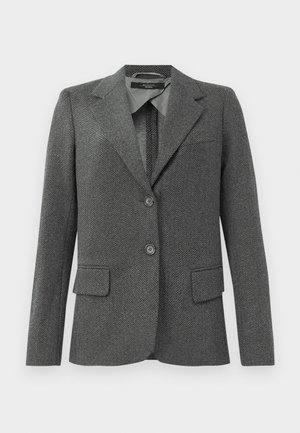Gray herringbone wool blazer with notch lapels, two front buttons, flap pockets, and long sleeves, displayed against a white background.