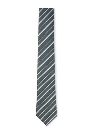 Cravatta verde scuro con strisce diagonali azzurro chiaro e sottili linee bianche su sfondo bianco.