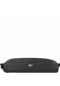 Zwarte leren verlengde pouch met een ritsluiting, voorzien van een subtiel ingebosseld logo aan de zijkant en een gladde textuur.