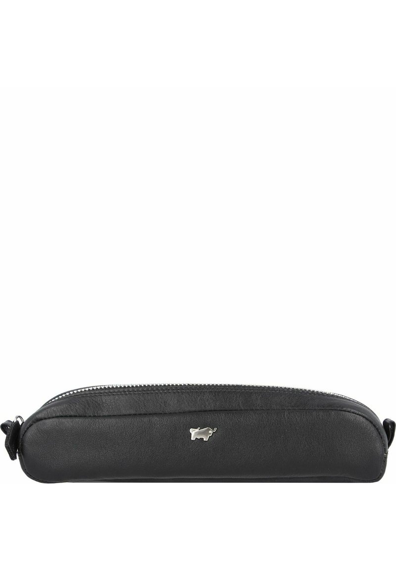 Zwarte leren verlengde pouch met een ritsluiting, voorzien van een subtiel ingebosseld logo aan de zijkant en een gladde textuur.