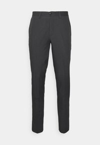 Pantaloni slim-fit grigio scuro realizzati in tessuto testurizzato. Presentano una chiusura con bottone e tasche tradizionali. Design sartoriale per un aspetto elegante.