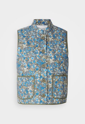 Vattert blomstret vest med et blått, hvitt og brunt mønster. Har ståkrage, seks brune knapper og to frontlommer med grønn kant.