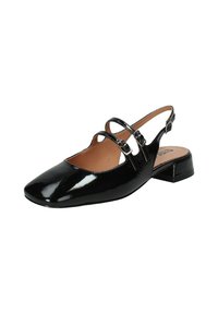 Scarpa slingback in vernice nera con punta quadrata, due cinturini regolabili e tacco basso a blocco. Texture liscia e design minimal.
