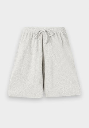Pantaloni corti grigio chiaro realizzati in morbido tessuto, dotati di una vita elasticizzata con coulisse e una vestibilità ampia e rilassata.