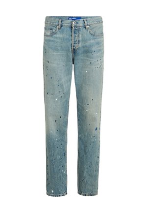 Light blue denim jeans with a straight-leg design, featuring splatter paint accents in blue, black, and white for a distressed effect.