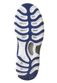 Semelle de chaussure avec une base blanche, des accents bleus, un motif en vagues et des rainures flexibles pour une meilleure adhérence. Sections texturées pour une traction améliorée.