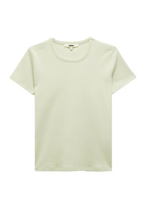 Maglietta a maniche corte verde chiaro realizzata in cotone morbido, con collo rotondo e spalle senza cuciture, dalla texture liscia e senza motivi.