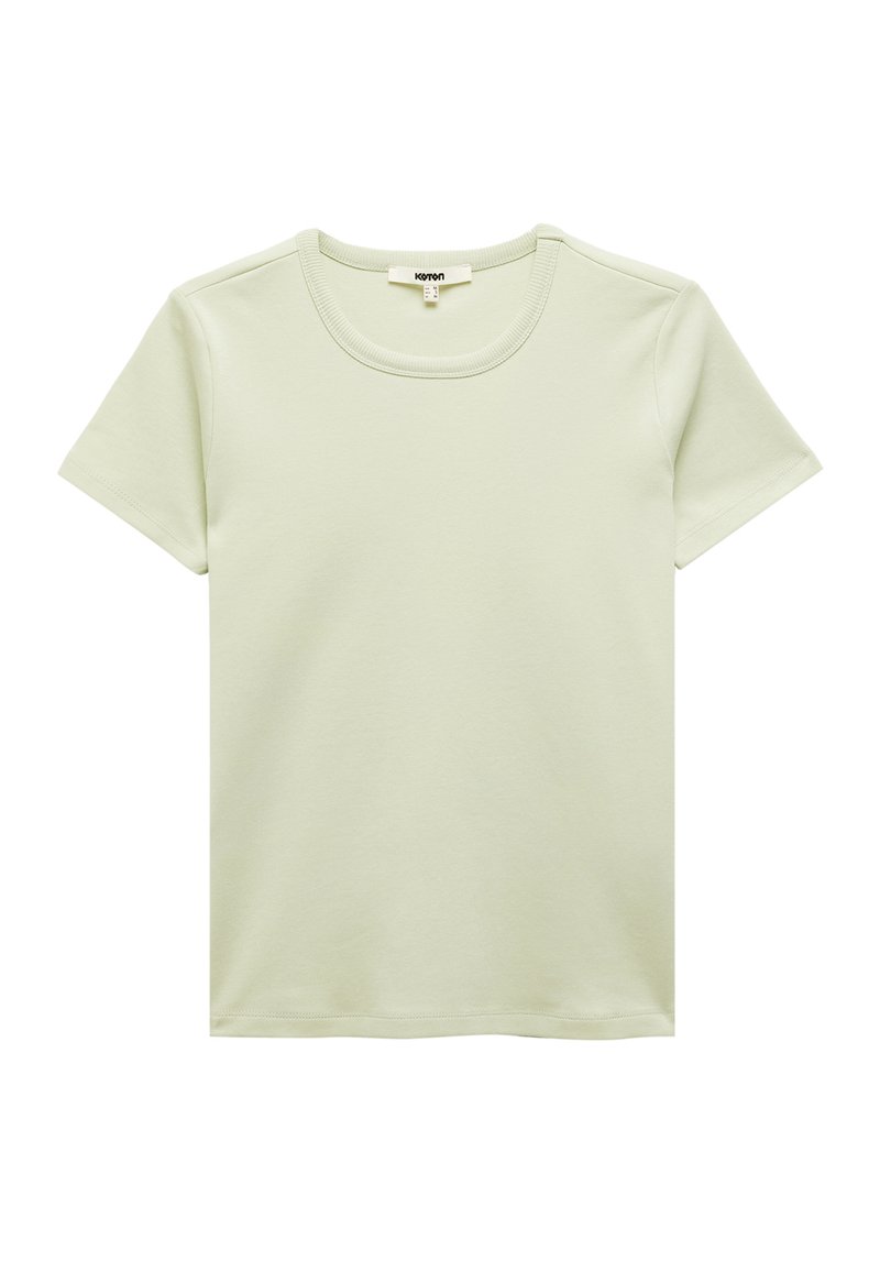 Lichtgroene t-shirt met korte mouwen, gemaakt van zachte katoen, featuring een ronde hals en naadloze schouders, met een gladde textuur en zonder patronen.