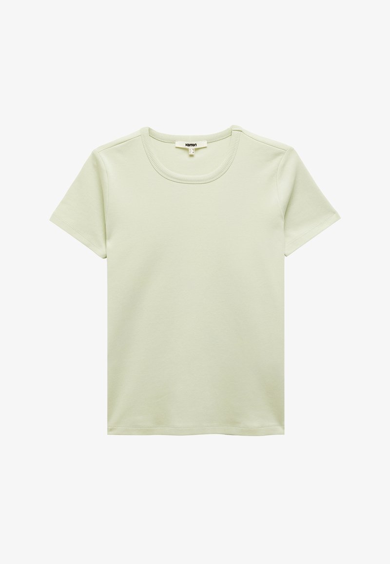 Helles grünes T-Shirt mit kurzen Ärmeln aus weicher Baumwolle, mit Rundhalsausschnitt und nahtlosen Schultern, mit glatter Textur und ohne Muster.