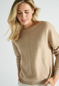 Beige Strickpullover mit einem Bootsausschnitt, gerippten Bündchen und Saum. Hat eine subtile Mittelnaht und eine weiche Textur.