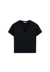 Camiseta negra con cuello en V, hecha de algodón, con mangas cortas y un corte relajado. Diseño simple con una textura suave y sin patrones visibles.