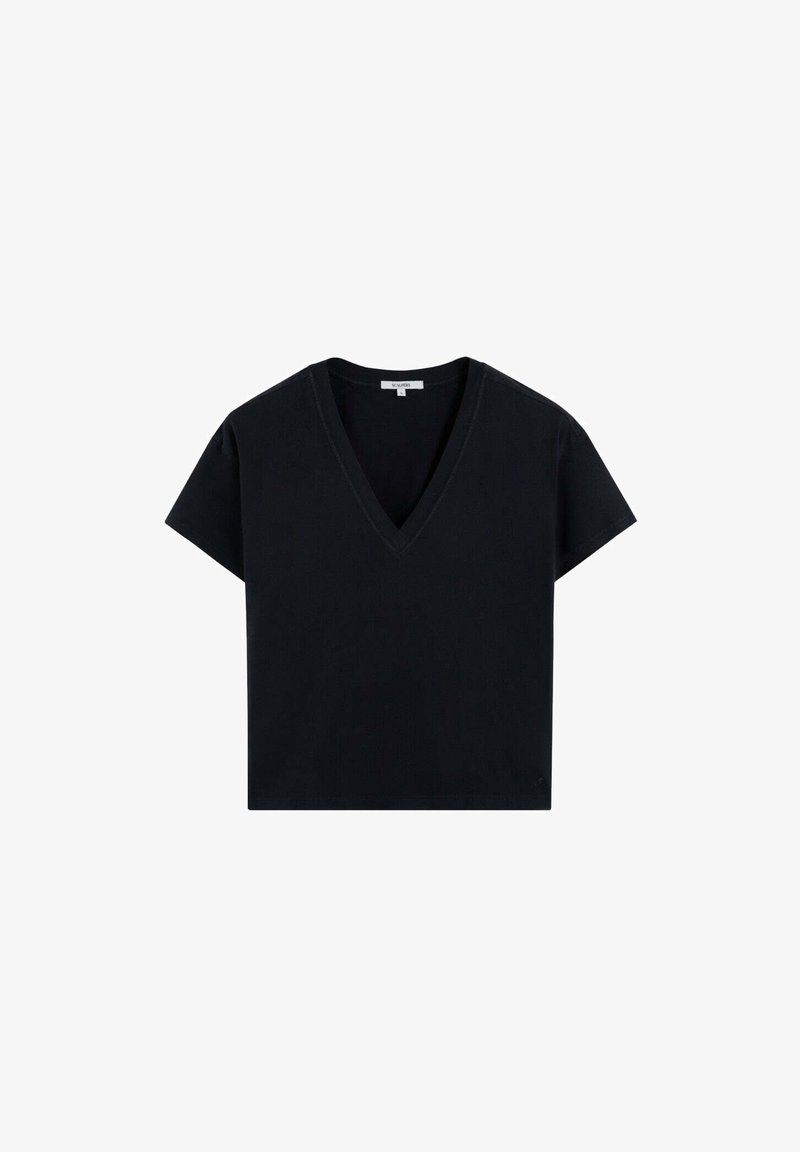 Sort V-hals T-shirt lavet af bomuld, med korte ærmer og en afslappet pasform. Enkel design med en glat tekstur og uden synlige mønstre.
