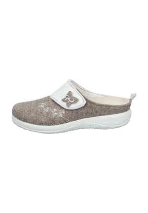Mule slipper in beige felt with a white strap, decorative butterfly accent, and white rubber sole. Features subtle floral embroidery.