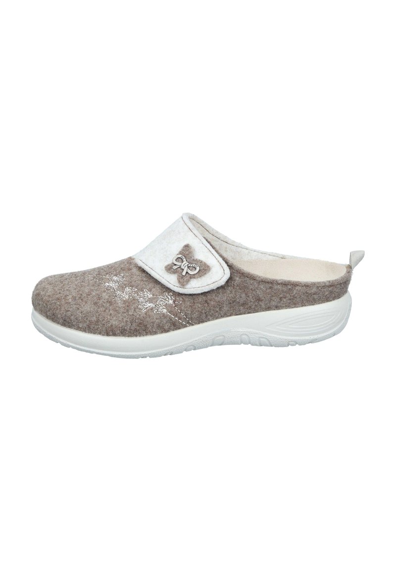Mule slipper in beige felt with a white strap, decorative butterfly accent, and white rubber sole. Features subtle floral embroidery.