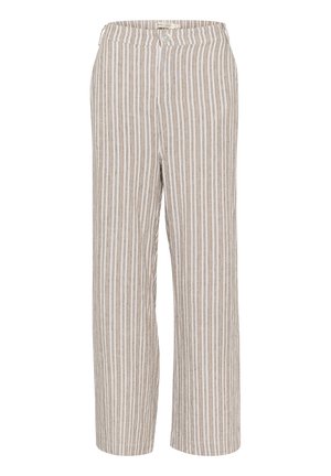 Linen blend wide-leg pants in light beige with vertical stripes. Features an elastic waistband and a single button closure.