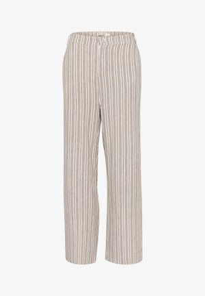 Pantaloni largi din amestec de in, de culoare bej deschis, cu dungi verticale. Prezintă un elastic la talie și un singur buton la închidere.