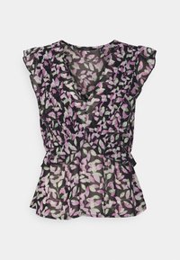 Blusa preta transparente com um padrão floral em roxo e verde. Apresenta um decote em V, mangas curtas com babados e uma cintura ajustada.