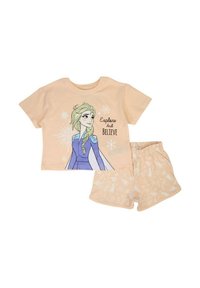 Ensemble de pyjama couleur pêche comprenant un haut à manches courtes avec un motif d'Elsa et le texte « Explorez et croyez », accompagné d'un short à motifs.