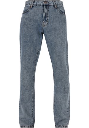 Niebieskie jeansy z denimu z wysokim stanem i prostymi nogawkami, z przednimi kieszeniami, szlufkami na pasek oraz zapięciem na guzik.