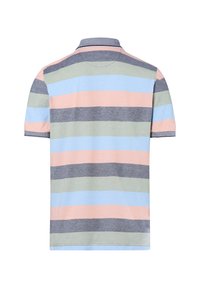 Gestreepte polo in pastelkleuren: roze, blauw, groen en grijs. Heeft een kraag met contrasterende afwerking en korte mouwen. Zachte textuur.