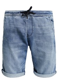 Shorts de mezclilla en azul claro, con una cintura ajustable con cordón, dobladillos enrollados y bolsillos estándar. La tela tiene una textura suave con detalles desgastados.