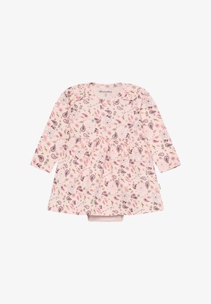 Robe bébé à manches longues rose avec des motifs floraux et cachemire en violet, rose et beige, dotée d'une taille froncée et de fermetures à pression sur les épaules.