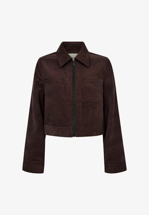 Pruunist kitsas lõigatud korduroy jakk kraega, esiüksikne lukk, kaks rinnataskut ja pikad varrukad. Sujuv tekstuur ja puhas viimistlus.