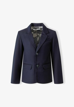 Navy blue two-button blazer with notched lapels, floral inner lining, chest pocket, and two flap pockets on the front.