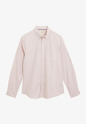Chemise à manches longues rose clair à bouton, avec un col classique, une poche poitrine unique et une coupe ajustée. Fabriquée en tissu mélangé coton.