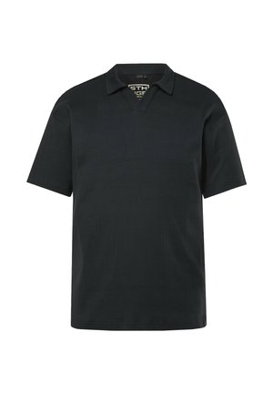 Schwarzes Kurzarm-Poloshirt mit gerippter Struktur und Kragen, mit einem V-Ausschnitt ohne Knöpfe.