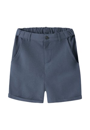 Marineblaue Baumwollshorts mit elastischem Bund, vorderen Taschen, Knopfverschluss, Gürtelschlaufen und umgeschlagenen Säumen.
