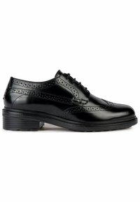 Chaussure oxford en cuir noir avec bout arrondi, décorations perforées et semelle en caoutchouc épaisse. Dotée d'un système de laçage et d'une finition lisse.