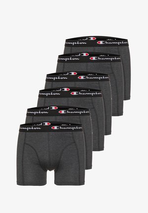 Six pairs of dark gray Champion boxer briefs with black elastic waistbands featuring the Champion logo in white and red.