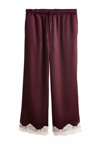 Burgunderfarbene Satin-Loungewear-Hosen im weit geschnittenen Design, mit weißer Spitzenkante am Saum und einem verstellbaren Kordelzugbund.