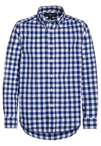 Męska koszula z długim rękawem zapinana na guziki, w niebiesko-granatowo-białą kratę, z kołnierzykiem na guziki i haftowanym logo na piersi.