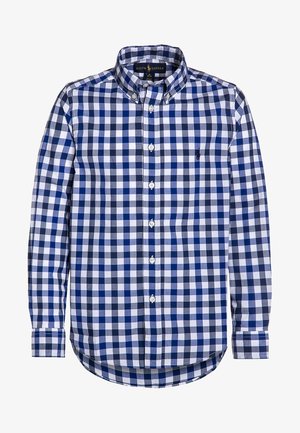 Pánská košile s dlouhým rukávem na knoflíky s modrým, tmavě modrým a bílým kostkovaným vzorem, zapnutým límečkem a vyšívaným logem na hrudi.