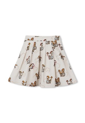 Plissierter Rock aus cremefarbenem Stoff mit einem Print aus bunten Pferden und Einhörnern. Der Bund ist flach und ohne zusätzliche Applikationen.