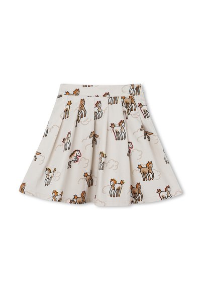 Jupe plissée en tissu crème avec un imprimé de chevaux et licornes colorés. La ceinture est plate sans aucune pièce métallique supplémentaire.