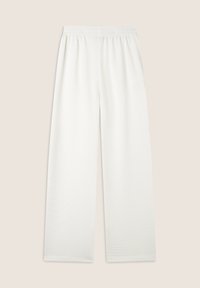Pantaloni bianchi a gamba larga realizzati in tessuto testurizzato con vita elastica. Presentano una superficie liscia e cadono dritti fino alla caviglia.