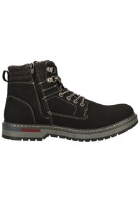 Botas de tobillo de cuero negro con acentos de textil gris, puntera reforzada, costuras decorativas y cremallera lateral. Suela texturizada para mayor agarre.